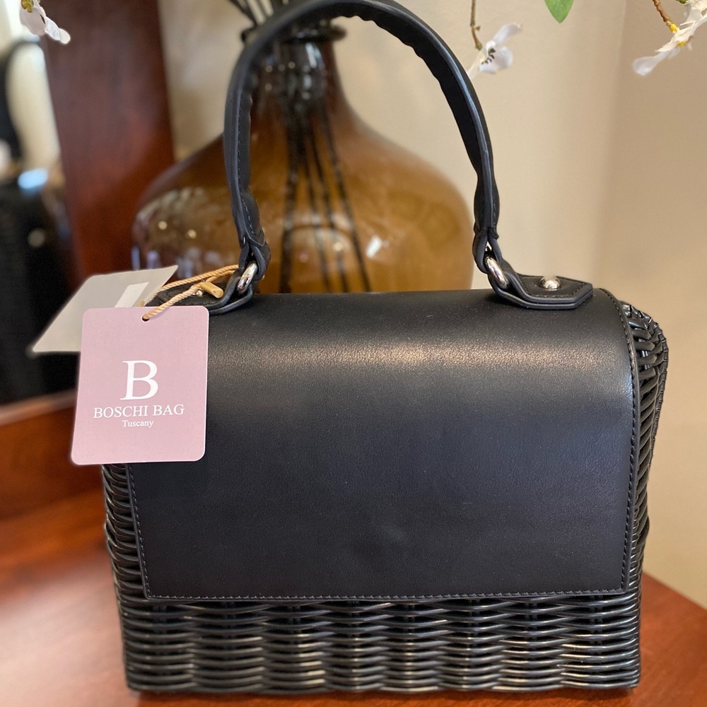NWT-Made In Italy Boschi Black Wicker-Style Top Carry Satchel Handbag